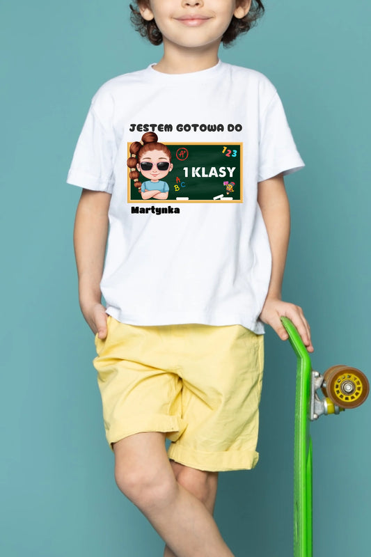 front-view-cute-child-boy-white-t-shirt-yellow-jeans-holding-green-skateboard-blue-floor